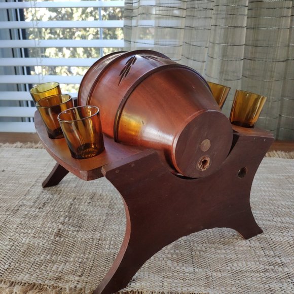 Wooden Barrel Set with 6 Glasses, Vintage Stand Caddy 9.5" - Picture 2 of 16